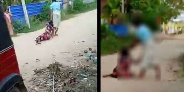 மனைவியை அடித்து செல்லும் கணவன்