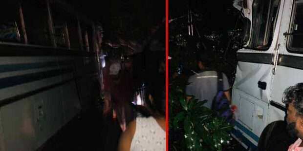 பேருந்தின் மீது மரம் விழுந்ததில் மூவர் காயம்